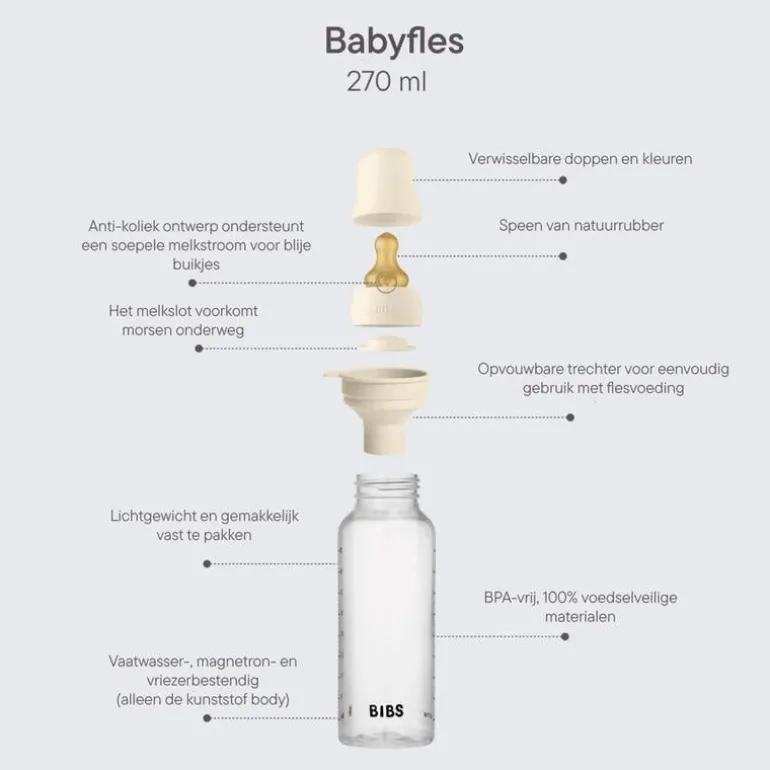 BIBS Babyfles 270 ML Ivory met Latex speen en opvouwbaar trechtertje