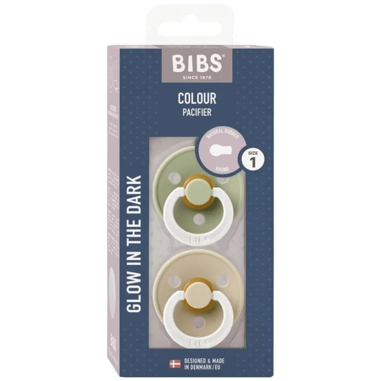BIBS Glow in the dark Fopspeen Two Pack Natuurlijk Rubber Sage/Vanilla Maat 1