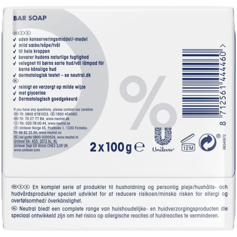 Neutral Parfumvrij Handzeepbar 2x100 GR